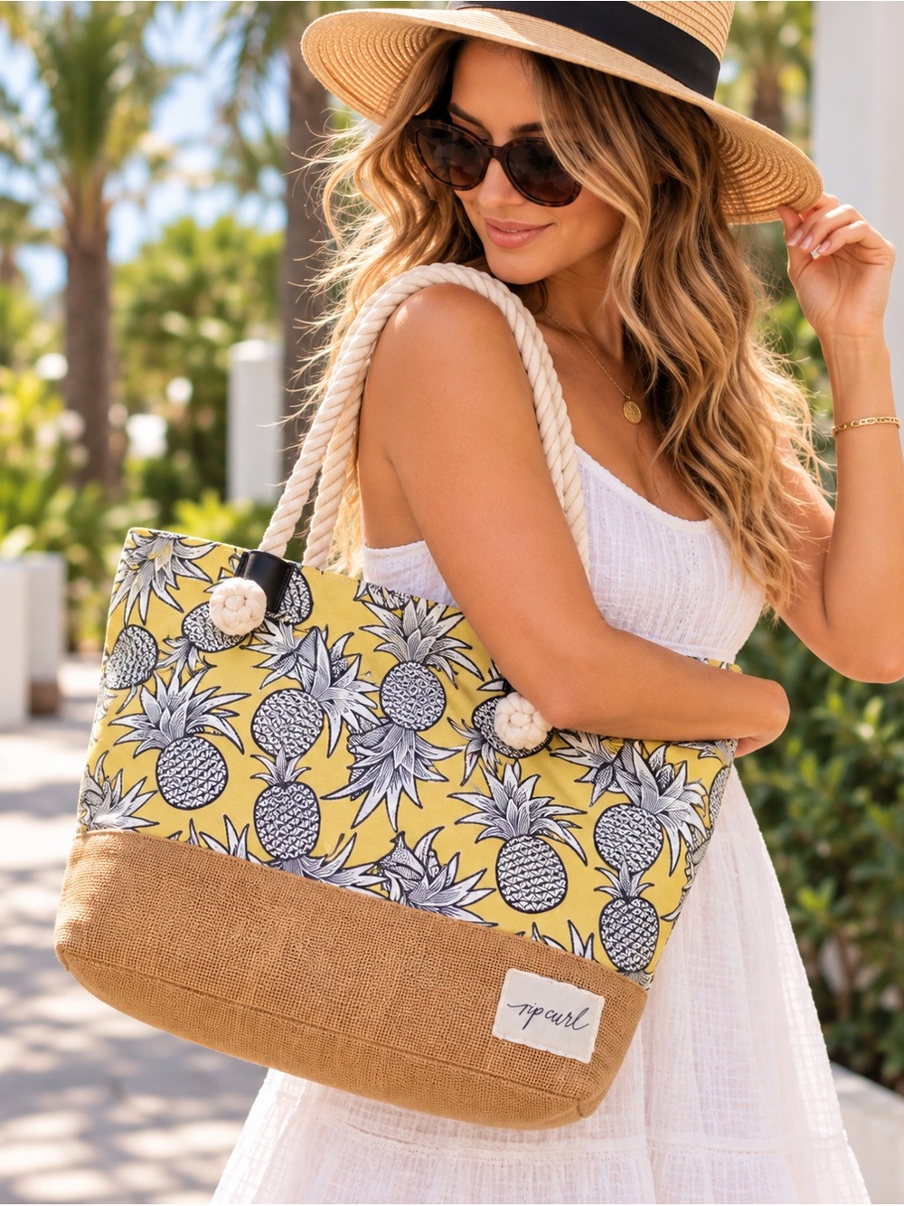 Rip Curl Yellow Pineapple Print Rope-Handle Tote